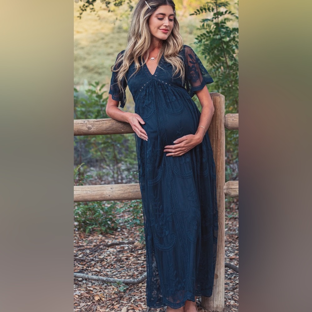 PinkBlush Navy Blue Lace Mesh Overlay Maternity Maxi Dress - Small